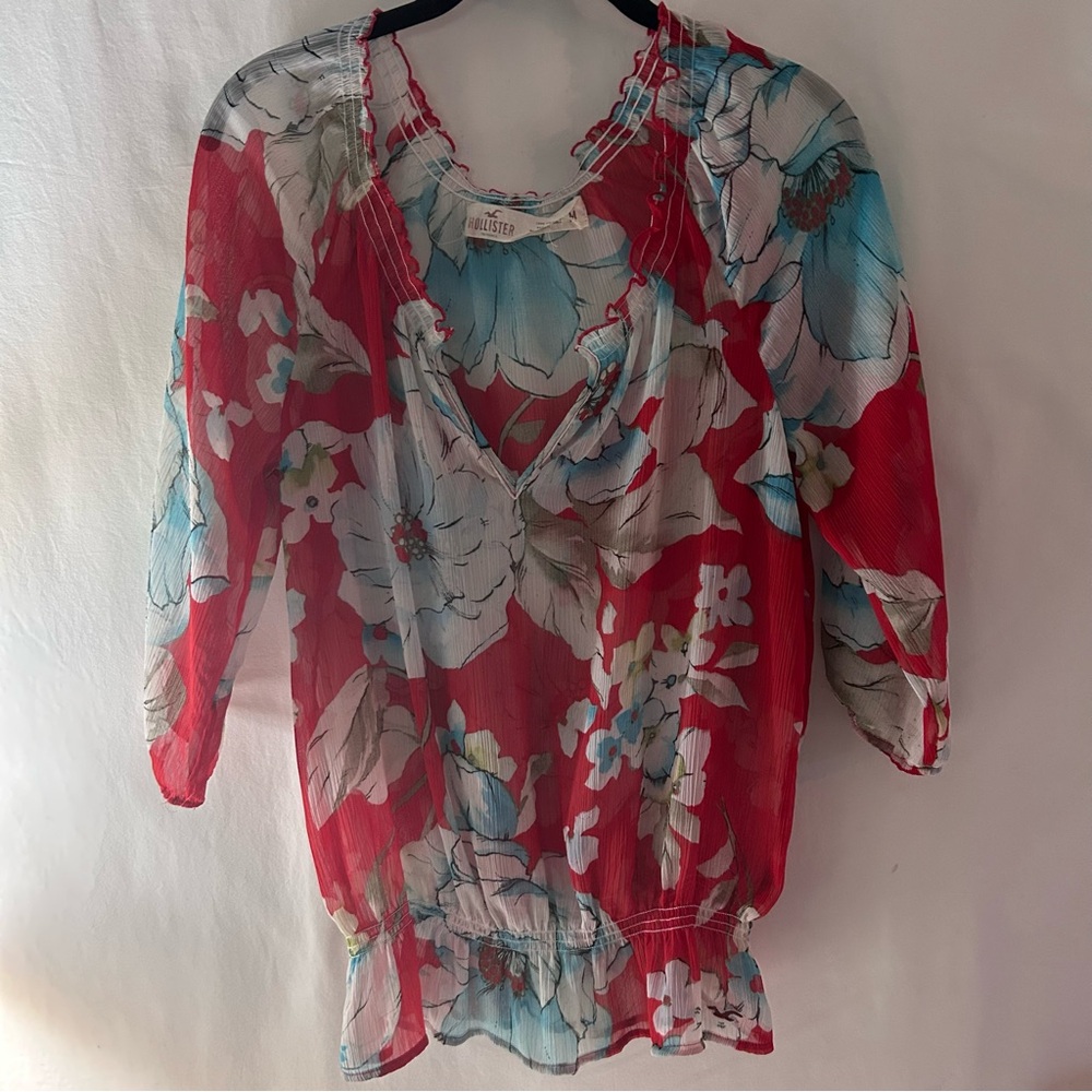 Vintage Hollister Red and Blue Floral Blouse Medium